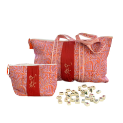 Block Print Mahjong Tile Pouch - Pink Leaf