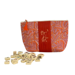 Block Print Mahjong Tile Pouch - Pink Leaf