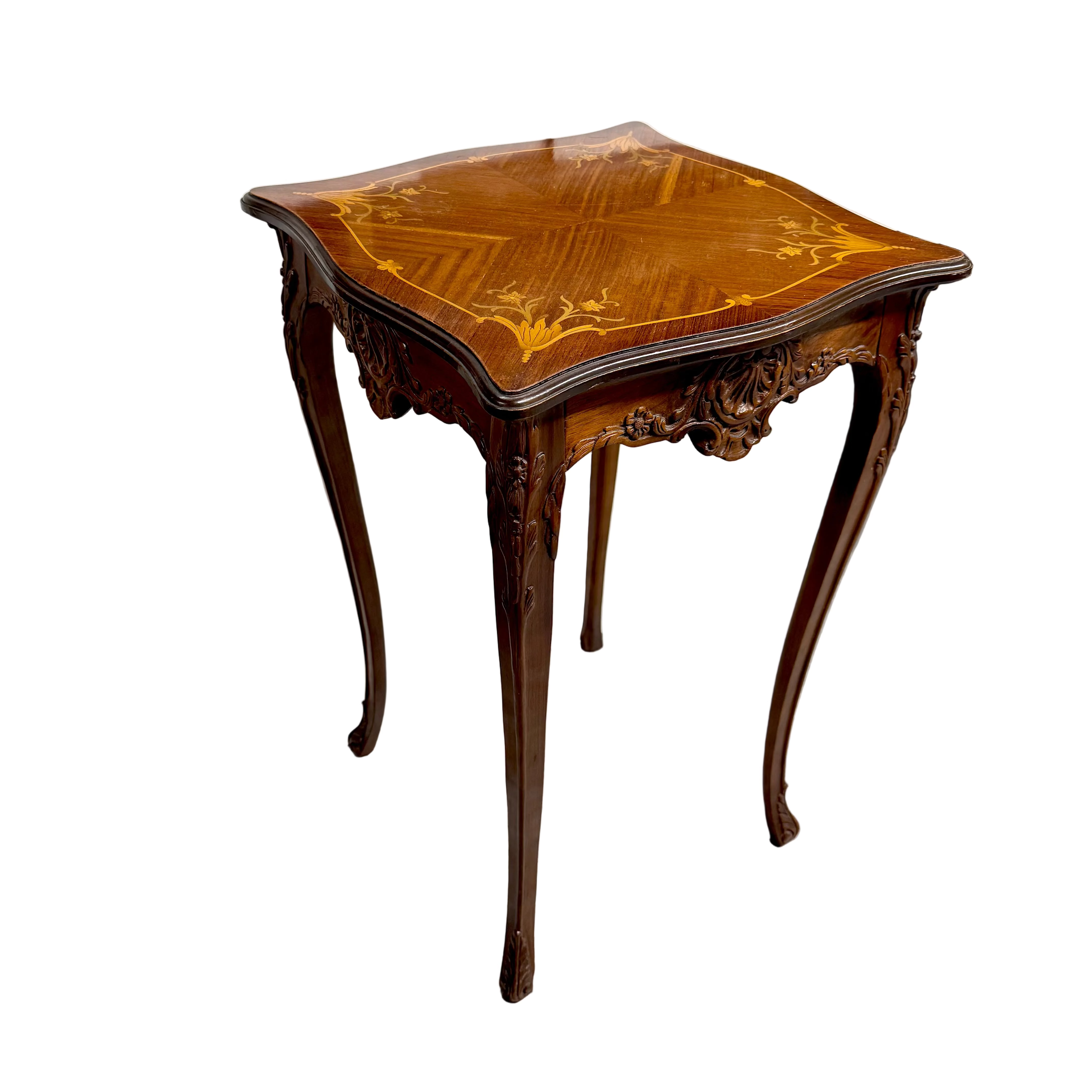 Antique French-Style Marquetry Inlaid Side Table with Carved Cabriole Legs